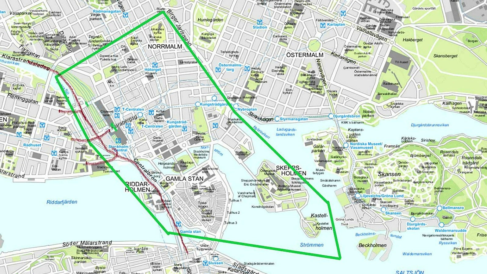 Miljöpartiets förslag om en elbilszon i Stockholm City och Gamla stan som den presenterades tidigare i år.